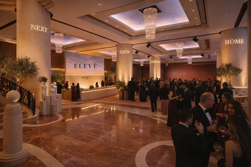 Foyer overview — The Grand Foyer fully dressed: media wall, teaser columns, The Onlookers, photo wall and the registration desk