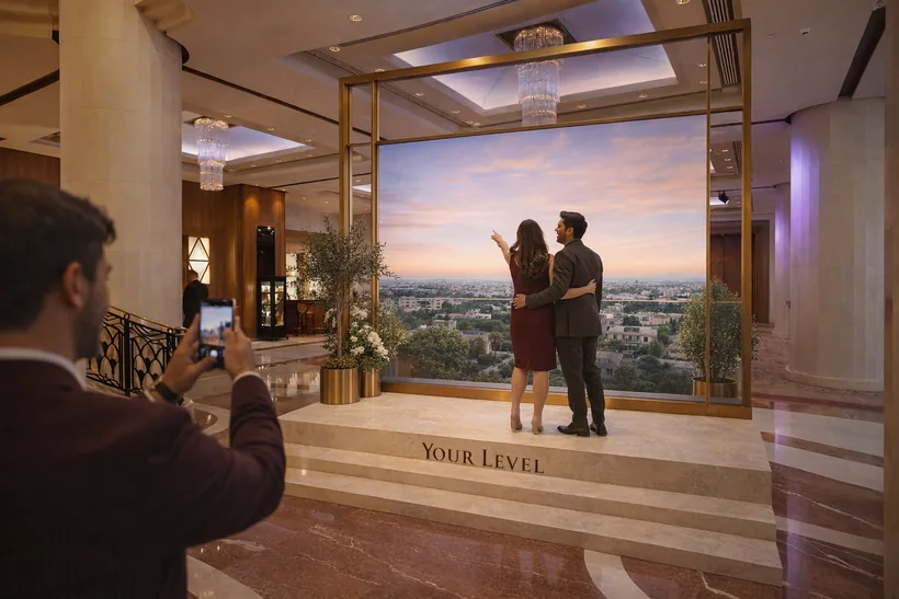 Photo op · “Your Level” — A raised platform inside a giant brass window frame, set against a backlit view from an ÉLEVÉ terrace