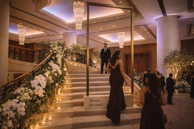 Photo op · “The Ascent” — The grand staircase in cascading orchids and greenery, with candles on the steps