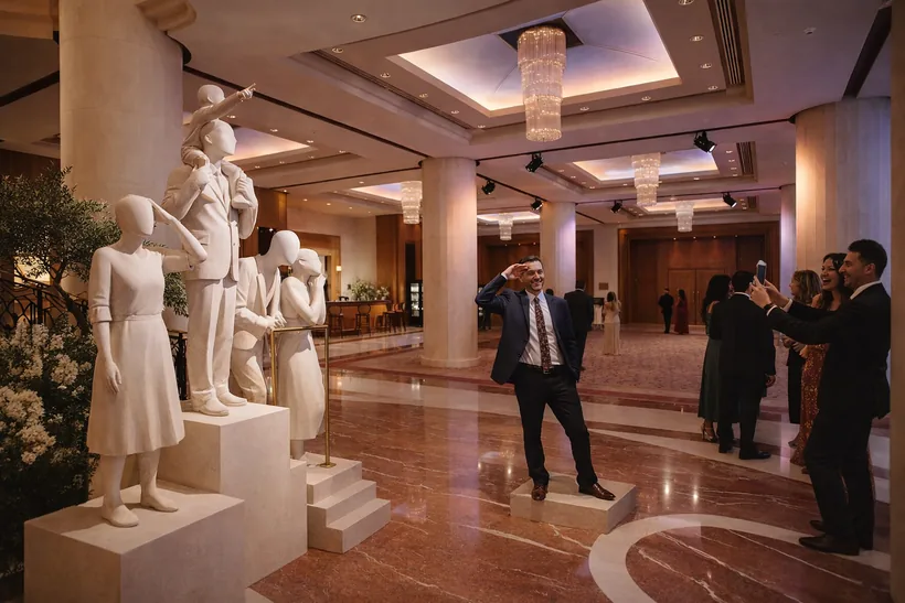Statues · “The Onlookers” — Faceless white limestone figures on rising plinths, all looking toward the ballroom: a father with his child on his shoulders, a couple at a rail, a woman shading her eyes