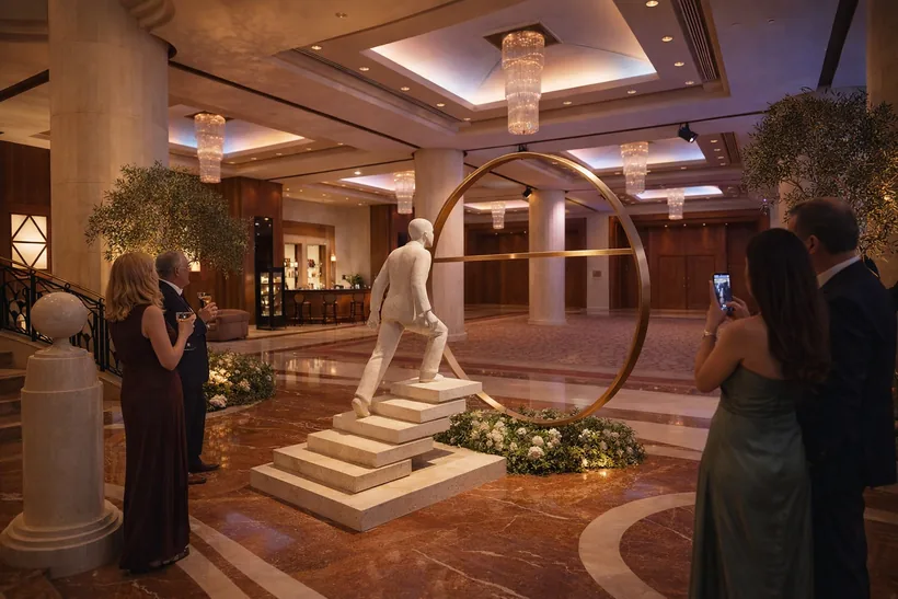 Statue · “Rise” — A second sculpture: a figure climbing stacked limestone “floors” toward a brass ring crossed by a horizon line