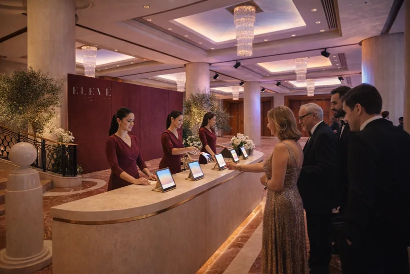 Registration & QR check-in — A curved limestone desk with a brass horizon inlay, QR tablets and hostesses in burgundy, set against an ÉLEVÉ fabric backdrop