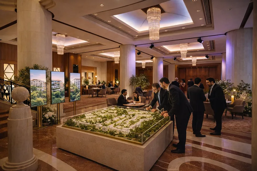 Broker Experience Zone — The lower foyer becomes a sales lounge: an illuminated masterplan model, unit-type screens and consultation tables