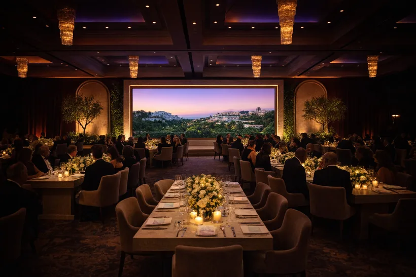 Side LED screens — Each short wall gets an LED “window” framed by limestone arches, olive trees and green walls