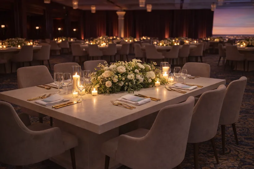 Table setting — Solid cream rectangular tables with no linen and a pedestal base