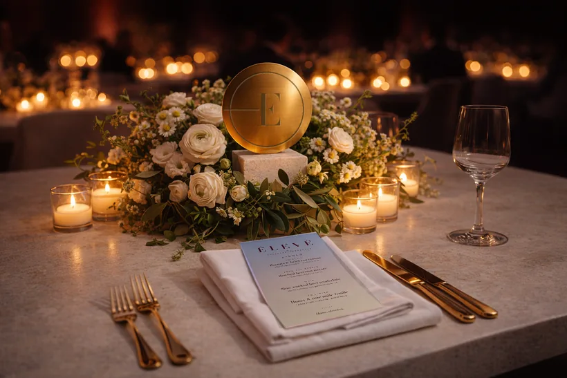 Centerpiece — Low, lush white and green florals with votive candles around an engraved brass ÉLEVÉ seal on a limestone block