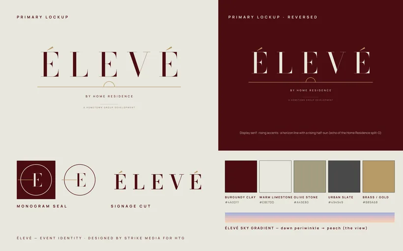 ÉLEVÉ identity board: primary lockup, reversed lockup, monogram seal, signage cut and palette
