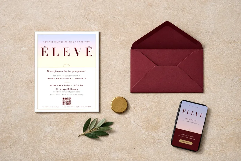 Invitation · printed & digital — A cotton-card invitation in a burgundy envelope with a brass seal, plus the matching digital invite with RSVP for WhatsApp and email