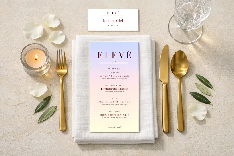 Menu & name card — A sky-gradient menu card on the napkin and a limestone name card with the table number